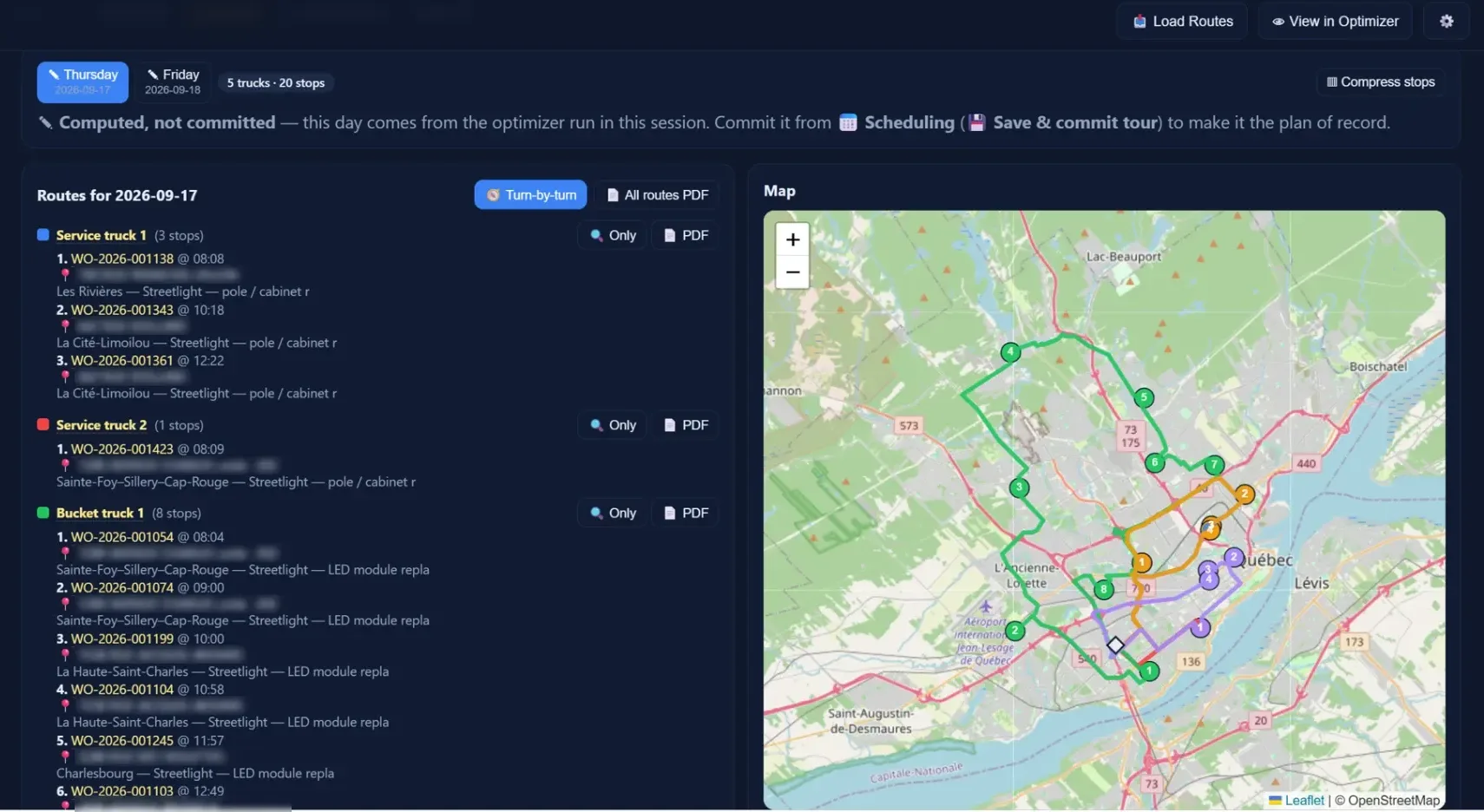 SCMS-FS routes view: the optimizer’s plan for one day, five trucks and twenty stops, each truck’s stops listed with work order, time, district and job type, and drawn as routes on the city map.